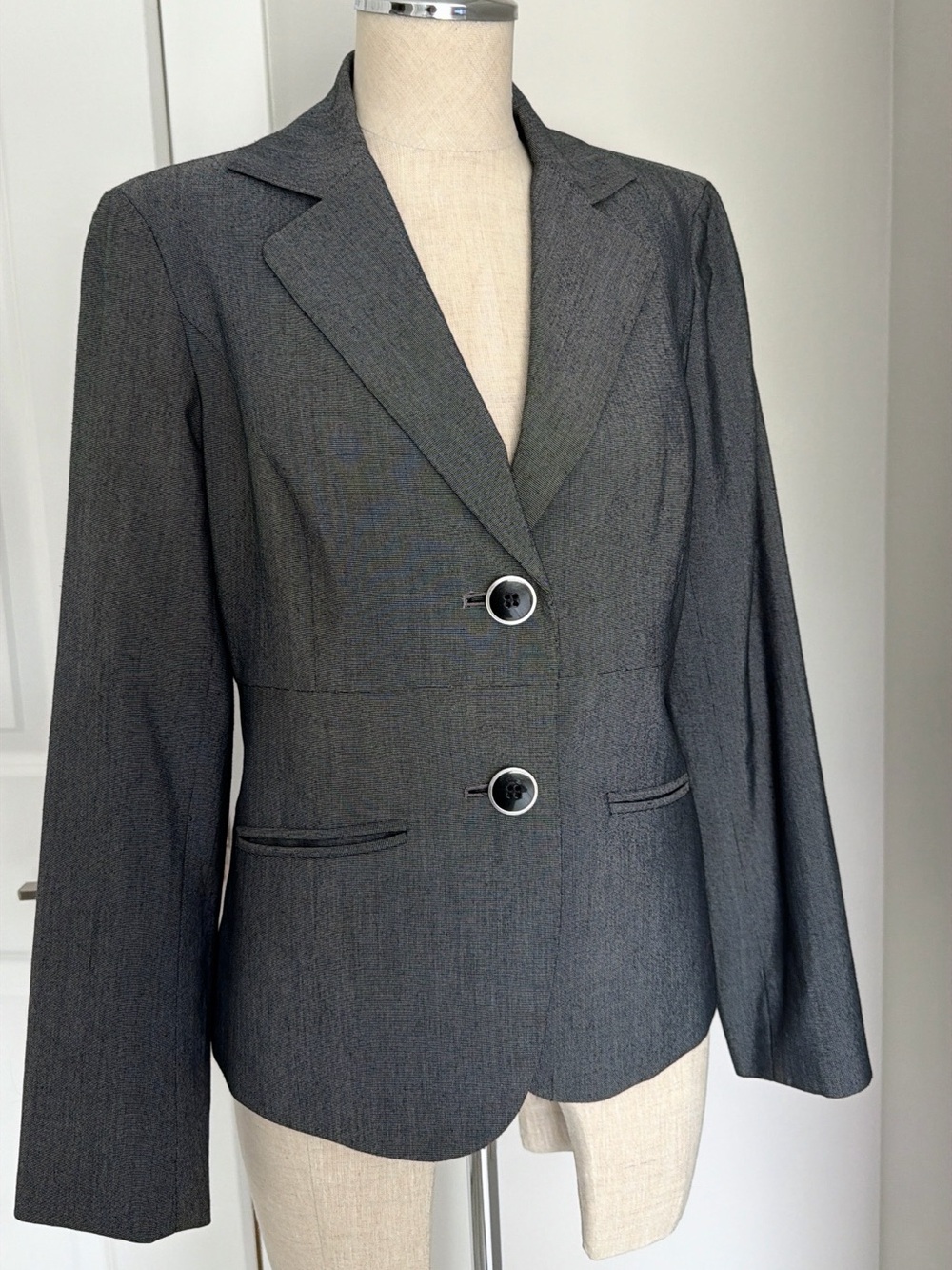 2000s Evan Picone Women's Gray Solid Notch Lapel 2-Button Lined Stretch Blazer 6